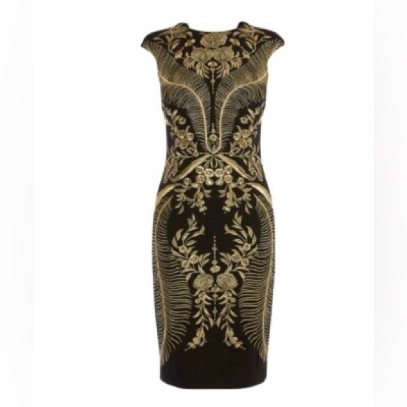 KAREN MILLEN BLACK/GOLD FLORAL EMBROIDERED SLEEVELESS DRESS - Picture 1 of 9